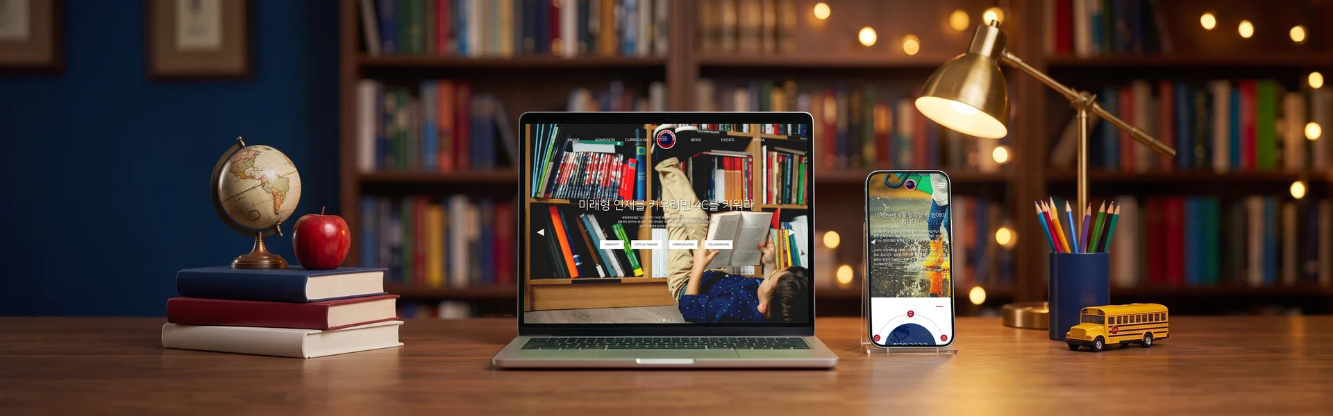 리틀아메리카 어학원 홈페이지 목업 — 서재 책상 위 노트북과 휴대폰에 띄운 PC·모바일 메인 화면